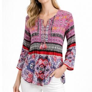 Kyla Seo Popover Top XS Colorful Rayon 3/4 sleeve Pleats Tassell Boho Chic
